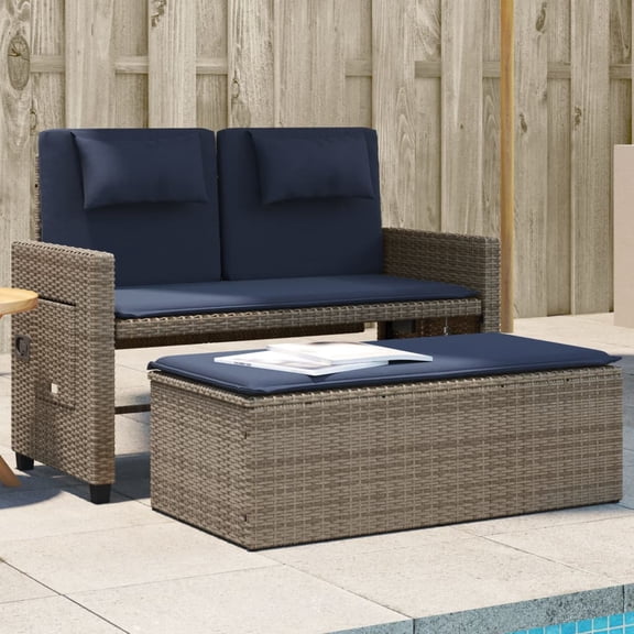 vidaXL Reclining Patio Bench with Cushions Seating Poly Rattan Brown/Gray/Black
