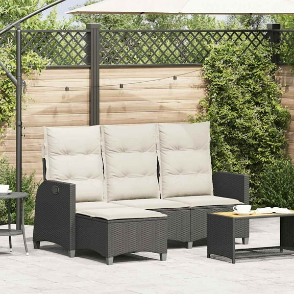 vidaXL Reclining Patio Sofa with Cushions L-shaped Black Poly Rattan