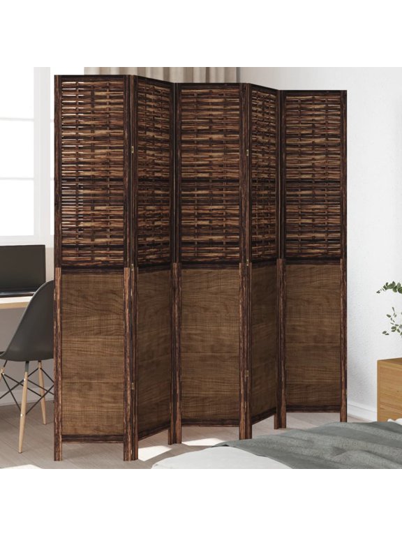 Room Divider 5 Panels Dark Brown Solid Wood Paulownia