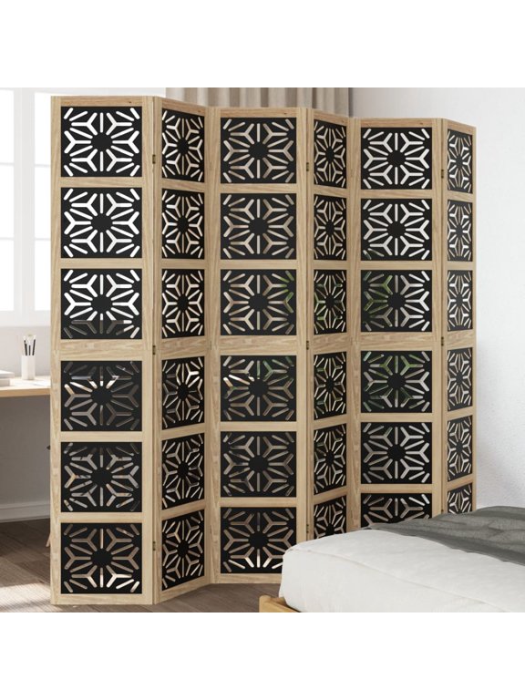 Room Divider 6 Panels Brown and Black Solid Wood Paulownia