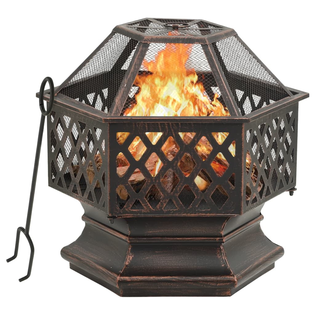 Rustic Brown Steel Hexagonal Fire Pit with Poker