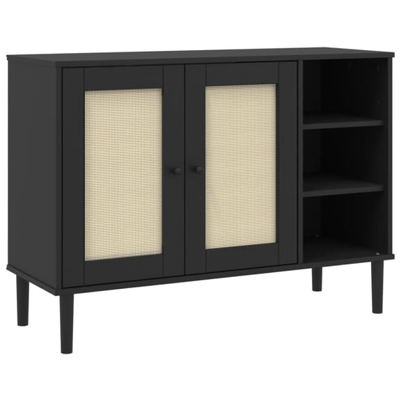 vidaXL Sideboard SENJA Modern Rattan Look Solid Wood Pine Black 1-Pack 44.1 x 15.7 x 31.5 in