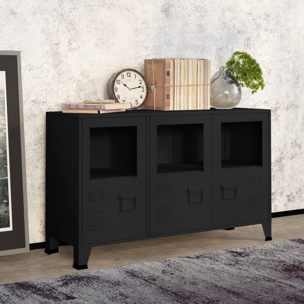 Black Metal and Glass Industrial Accent Cabinet with Tapered Legs
