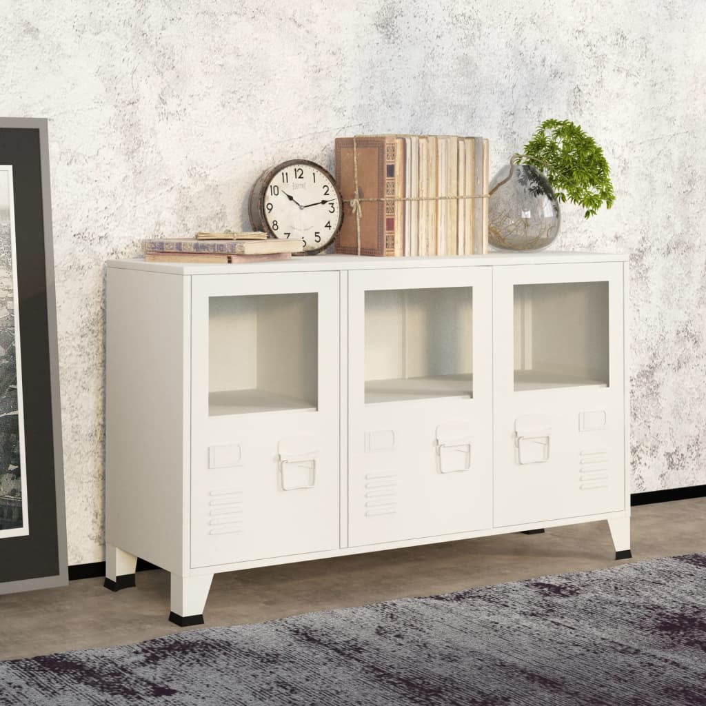 White Industrial Metal and Glass Accent Cabinet with Air Vents