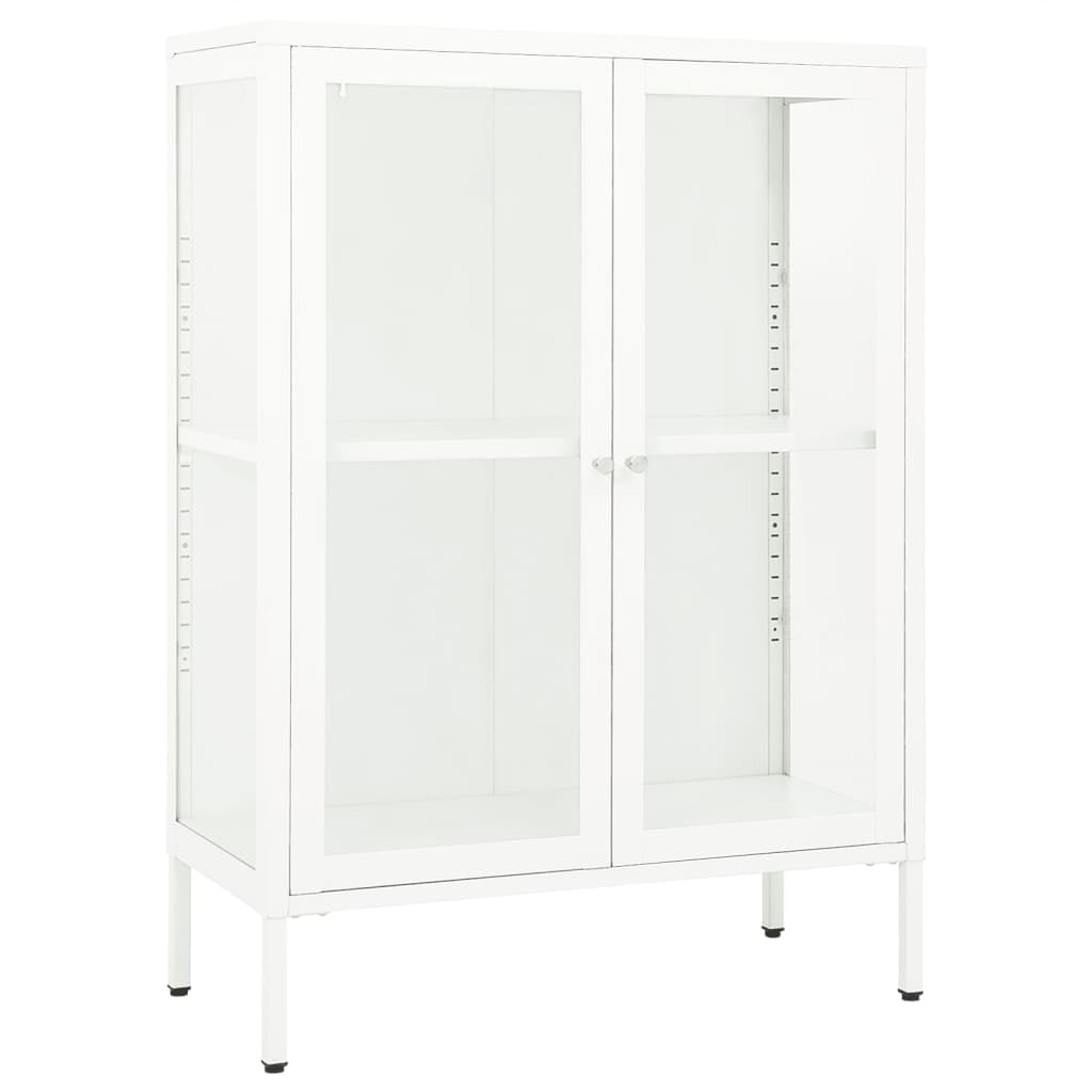 Sleek White Steel and Glass Sideboard with Adjustable Shelves