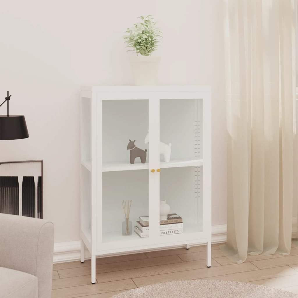 Sleek White Steel and Glass Sideboard with Adjustable Shelves
