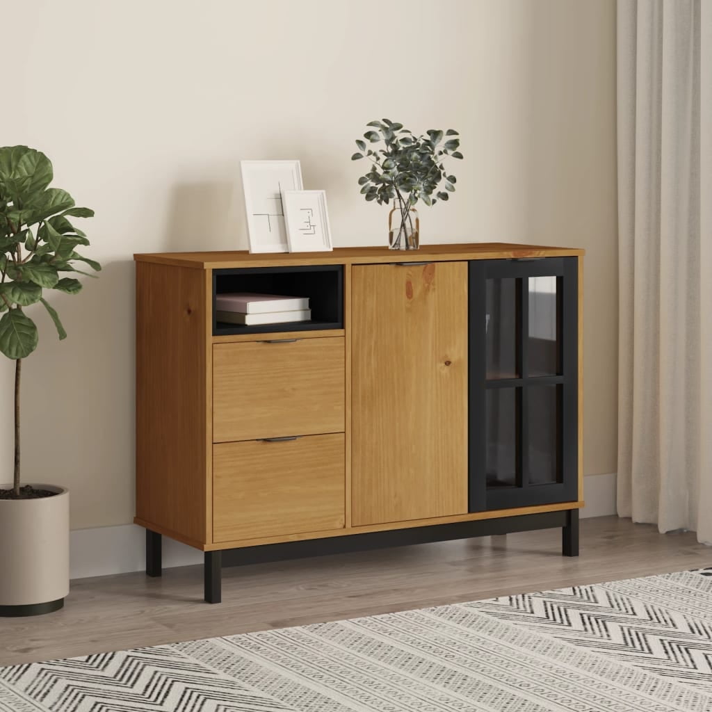 Solid Pine Wood Sideboard with Glass Door and Black Accents