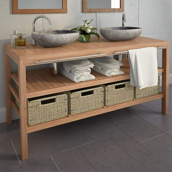 vidaXL Solid Teak Wood Bathroom Vanity Cabinet with 2 Baskets Sink 29.1"/52"