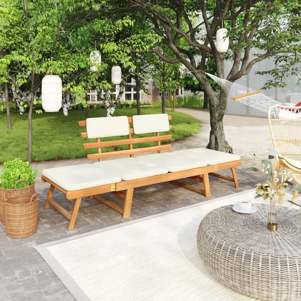 Acacia Wood Convertible Patio Bench-Daybed with Brown and White Cushions