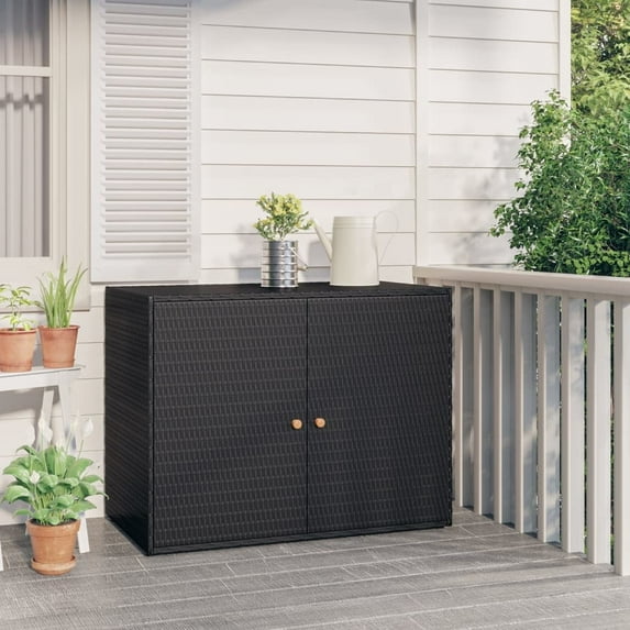 vidaXL Outdoor Garden Storage Cabinet, 2-Door, Waterproof, Rattan, Steel Frame, Black