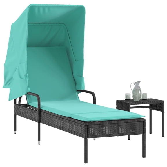vidaXL Sun Lounger with Canopy and Table Black Poly Rattan