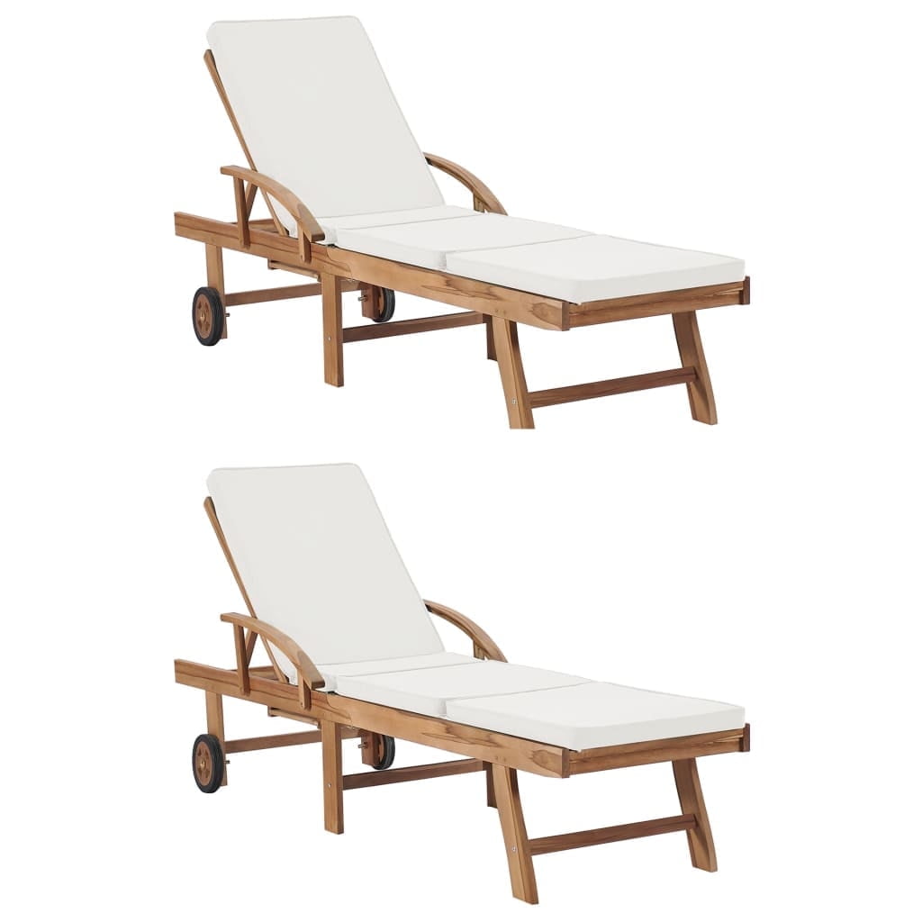 Cream Teak Wood Outdoor Chaise Lounger with Cushions