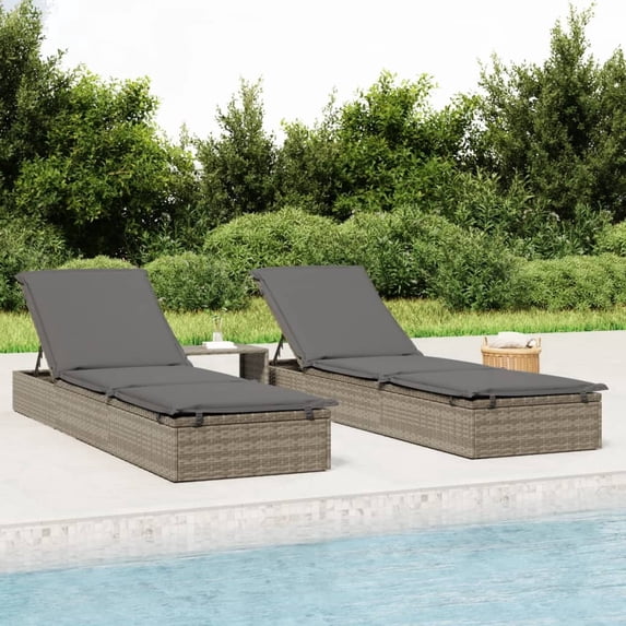 vidaXL Patio Sunbed Set of 3 Gray PE Rattan, Powder-Coated Steel Large