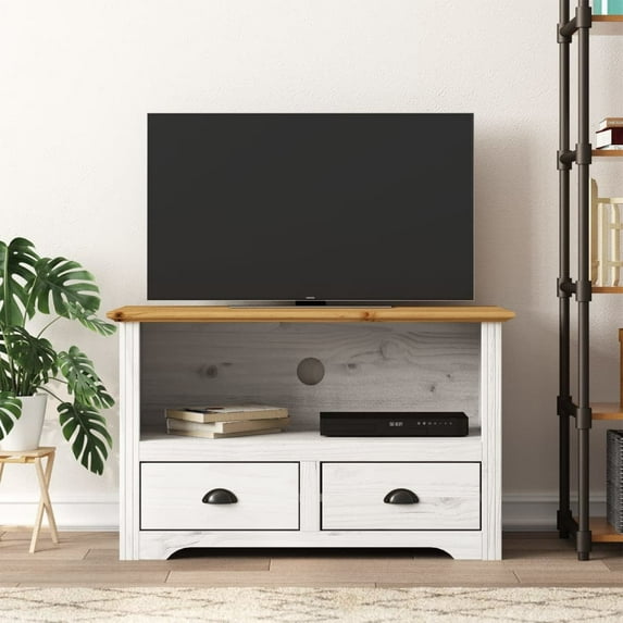 vidaXL TV Cabinet White, Brown Solid Pine Wood, Engineered Wood, Metal 35.8"x16.9"x22"