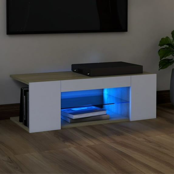 vidaXL TV Cabinet with LED Lights White and Sonoma Oak 35.4"x15.4"x11.8"