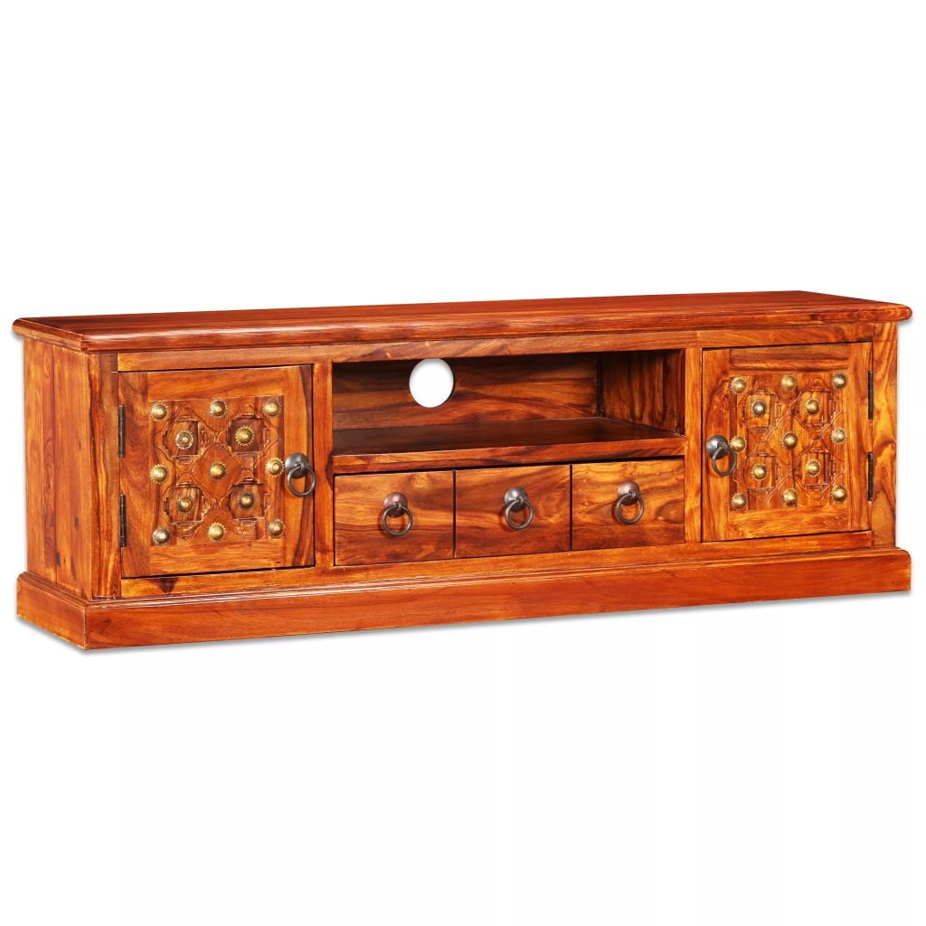 Medium Brown Sheesham Wood Bohemian TV Stand with Cabinets