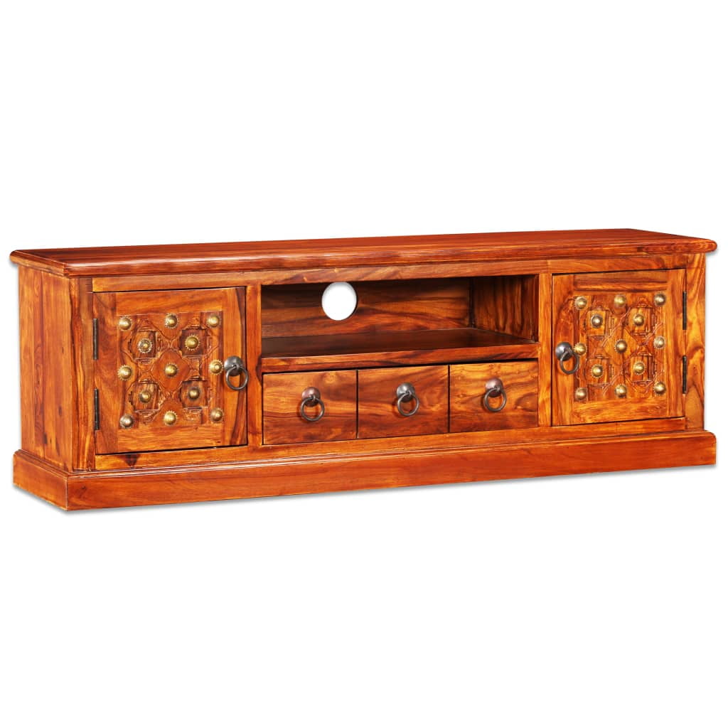 Medium Brown Sheesham Wood Bohemian TV Stand with Cabinets