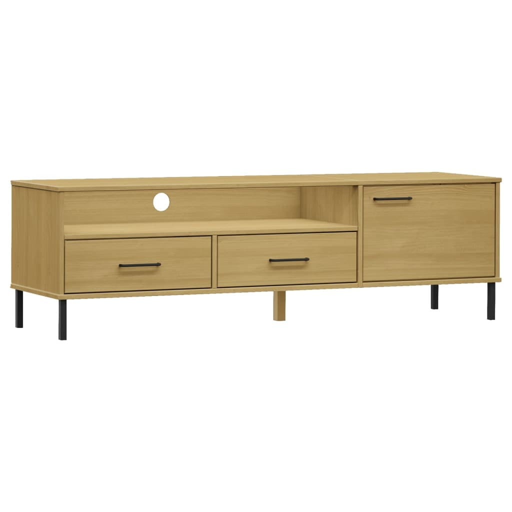 Light Brown Pine Wood Media Console with Metal Legs
