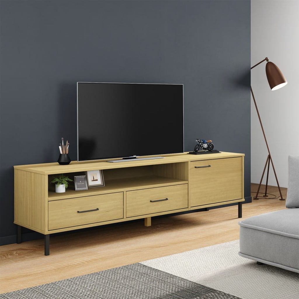 Light Brown Pine Wood Media Console with Metal Legs