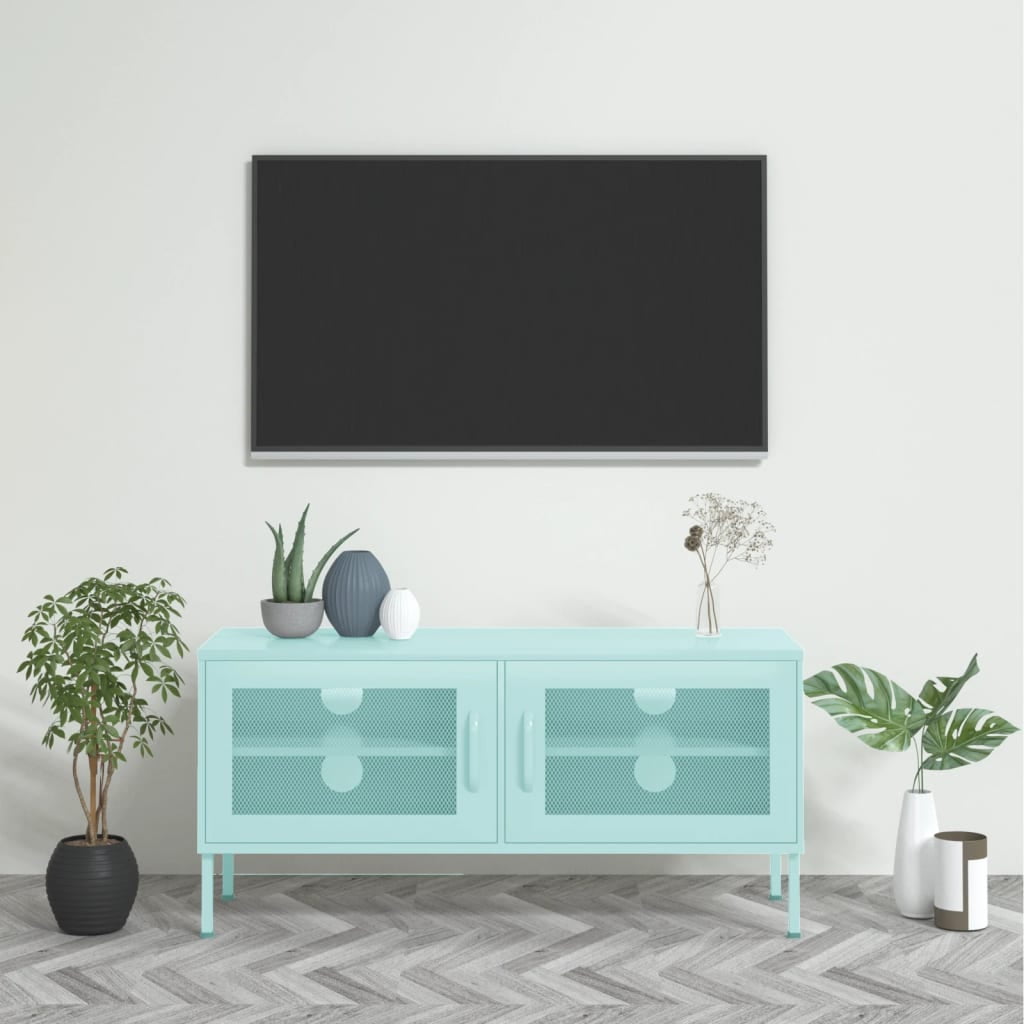 Mint Steel Media Console with Mesh Doors and Cabinet