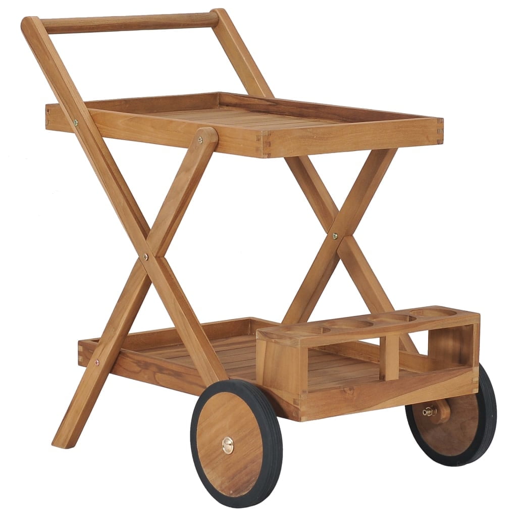 Medium Teak Wood Rectangular Bar Cart with Wine Rack