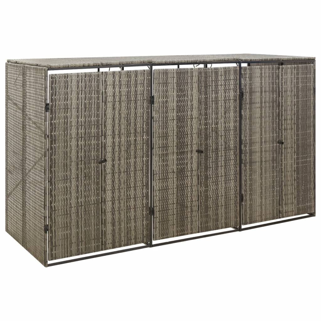 Gray Poly Rattan Triple Bin Shed with Steel Frame