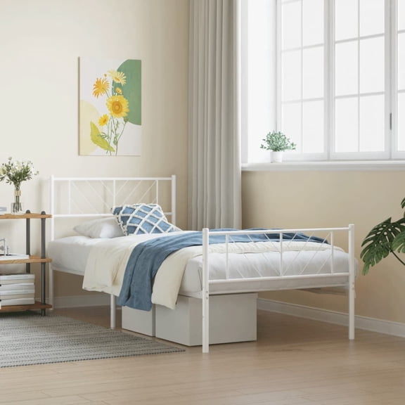 vidaXL Metal Bed Frame White Powder-Coated Steel Single Metal Bed Frame