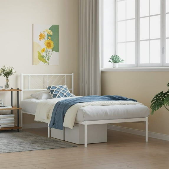 vidaXL Twin XL Metal Bed Frame with Headboard, Sturdy Steel, White, No Mattress
