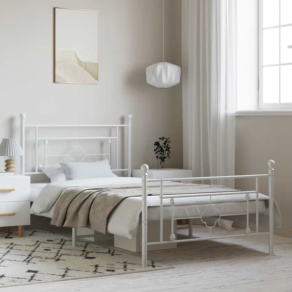vidaXL Twin XL Metal Bed Frame with Headboard, Under Bed Storage, Noise Free, White, No Mattress