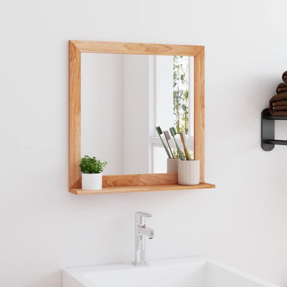 Solid Walnut Wood Wall Mirror with Shelf, 21.7x21.7 inches, Minimalistic Design