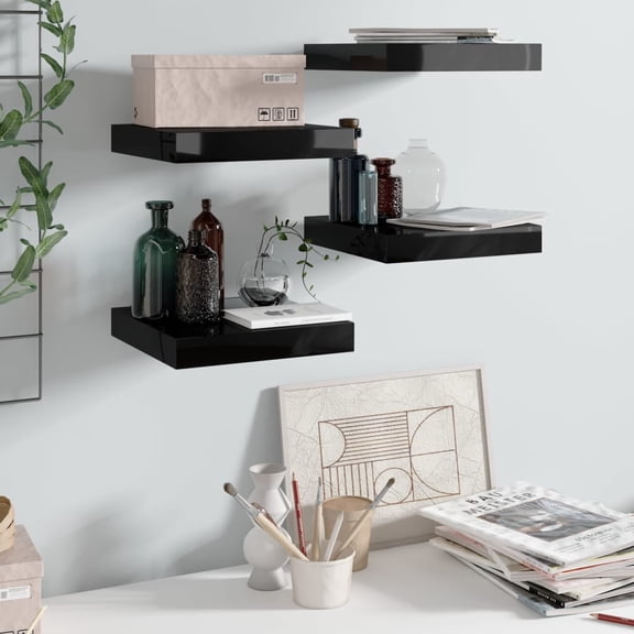 vidaXL Wall Shelf Set of 4 High gloss black Honeycomb MDF, metal Small
