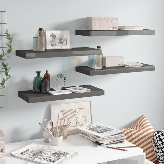 vidaXL Wall Shelf Set of 4 High gloss grey Honeycomb MDF, metal