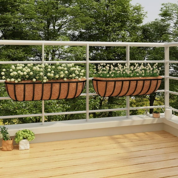 vidaXL Wall Troughs with Coco Liners Garden Balcony Pot 2 Pcs Black Steel