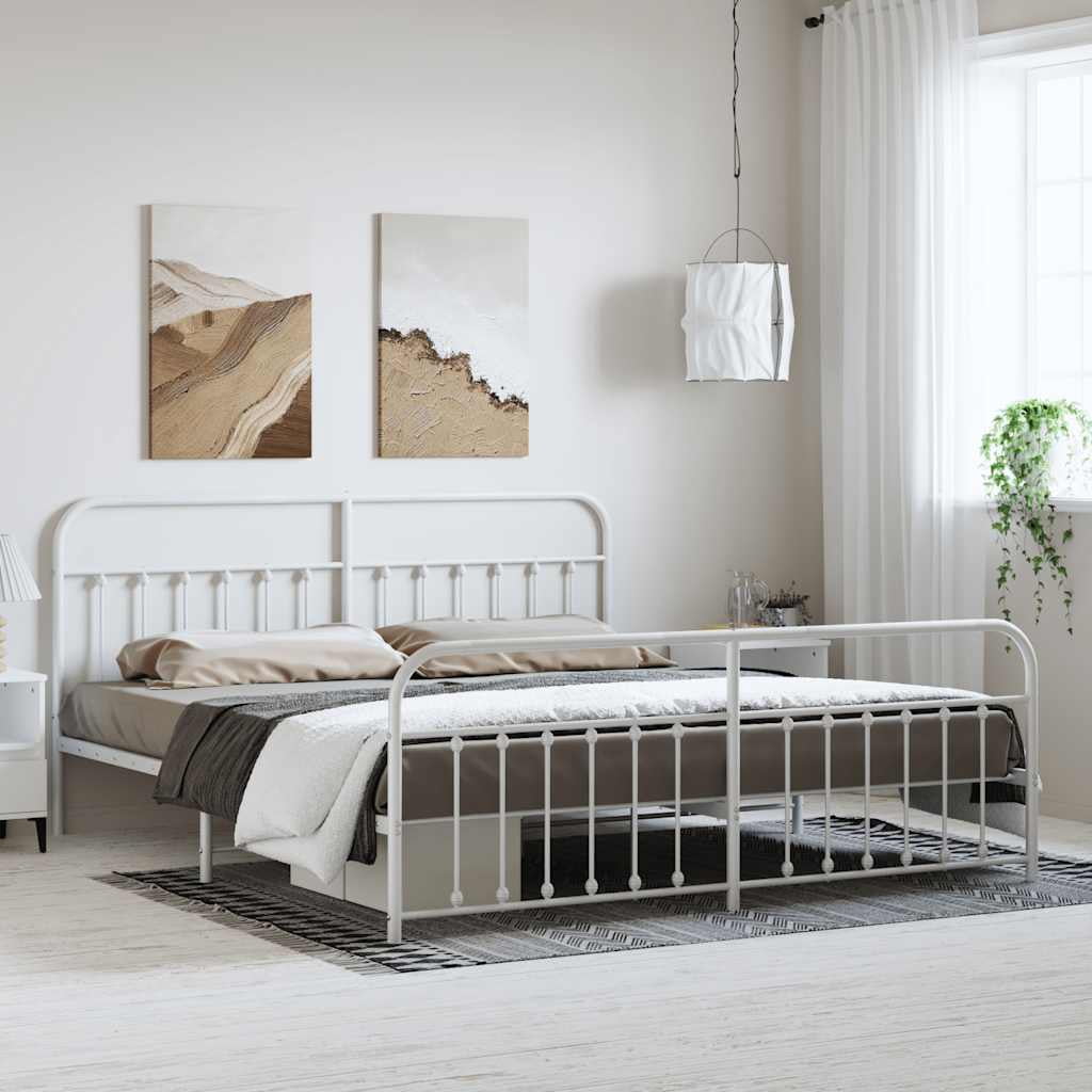 vidaXL White California King Metal Bed Frame with Headboard &amp; Slats, No ...
