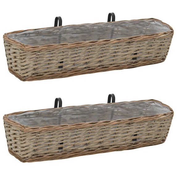 vidaXL Wicker Railing Planters, 2-Piece Set, Brown with PE Lining for Balcony & Garden Use