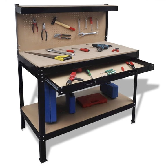 vidaXL Workbench with Pegboard and Drawer, 45.3 in x 55.1 in, Brown, 21.56 kg