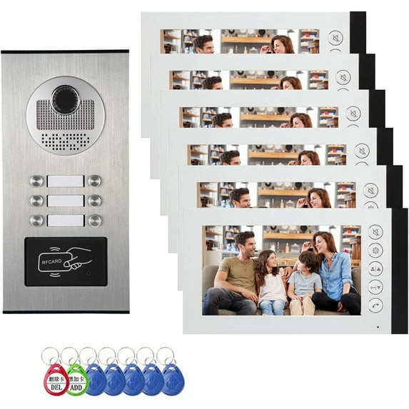 Video Apartment Intercom System, 6-Unit 7-Inch Monitor Wired Video Door Phone Kit, Indoor Outdoor Video Doorbell, 2-Way Audio Intercom