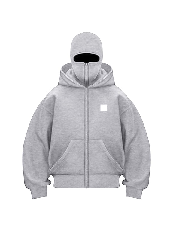 Women's Zip Up Mask Hoodie with Balaclava Jacket Fashion Double Layer Hoodies Hip Hop Outerwear Jacket Y2K Clothing for Cold Weather (Grey, XXL)