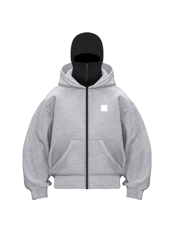 Women's Zip Up Mask Hoodie with Balaclava Jacket Fashion Double Layer Hoodies Hip Hop Outerwear Jacket Y2K Clothing for Cold Weather (Light Gray, M)