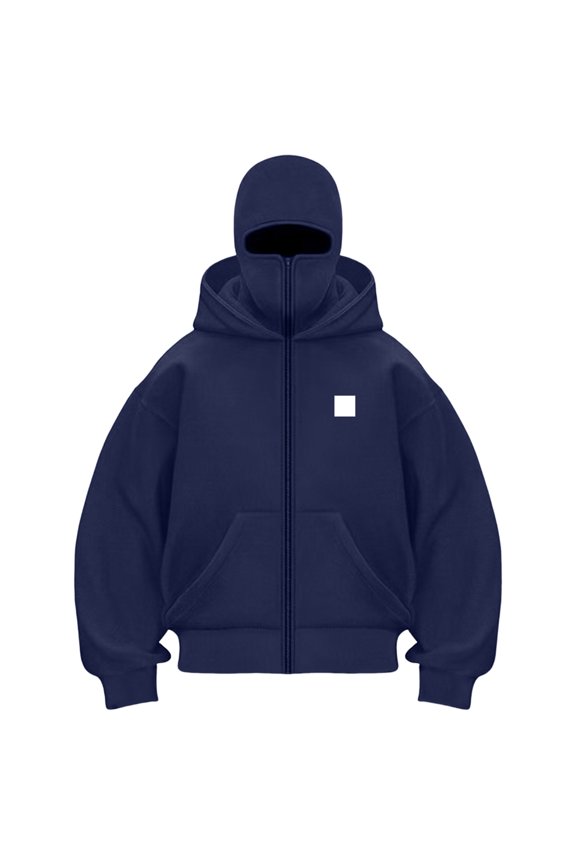 Women's Zip Up Mask Hoodie with Balaclava Jacket Fashion Double Layer Hoodies Hip Hop Outerwear Jacket Y2K Clothing for Cold Weather (Navy, XXL)