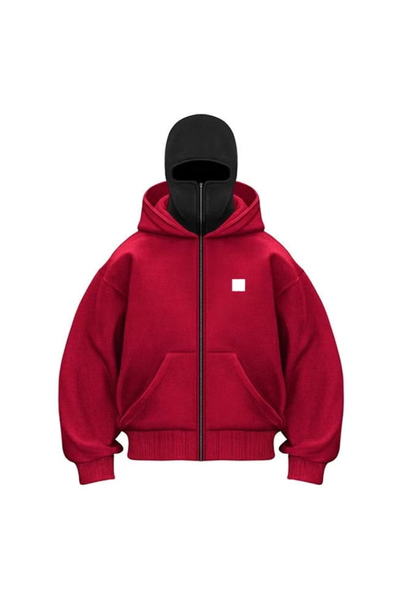 Women's Zip Up Mask Hoodie with Balaclava Jacket Fashion Double Layer Hoodies Hip Hop Outerwear Jacket Y2K Clothing for Cold Weather (Red, S)