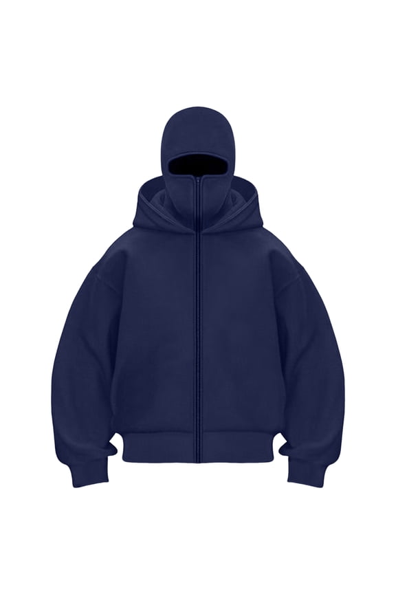 Womens Balaclava Solid Color Hoodie Zip Jacket Y2K Double Hood Fleece Windproof Jacket Hoodie Coat (Navy, XXL)
