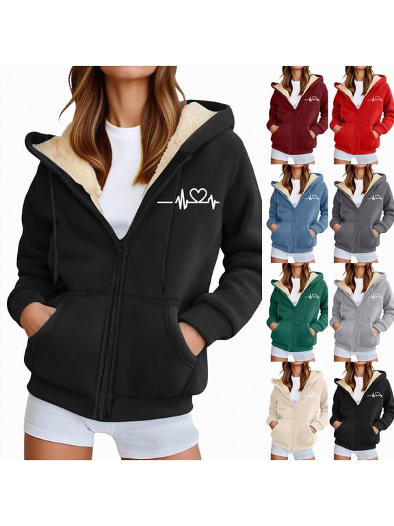 Womens Fleece Lined Zip Up Hoodie Thermal Warm Sherpa Pullover Sweatshirts Heart Print Sweaters Cute Tops (Green, M)