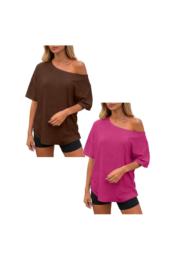 2 Pack Womens Off the Shoulder Tops Oversized Summer Spring T-Shirts 2026 (Hot Pink 1PCS & Coffee 1PCS, 3XL)