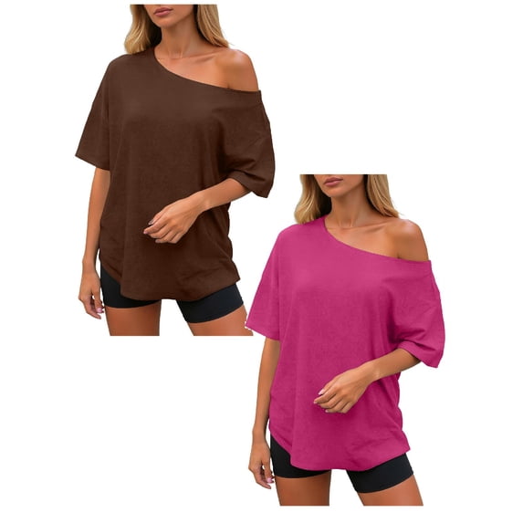 vigerkar 2 Pack Womens Off the Shoulder Tops Oversized Summer Spring T-Shirts 2026 (Hot Pink 1PCS & Coffee 1PCS, S)