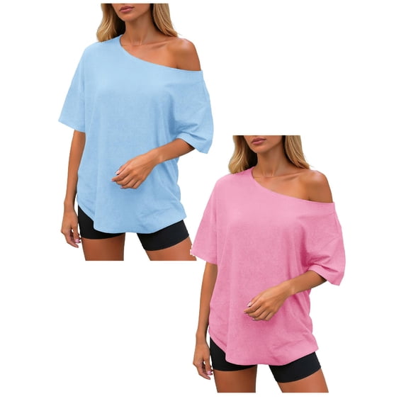vigerkar 2 Pack Womens Off the Shoulder Tops Oversized Summer Spring T-Shirts 2026 (Light Blue 1PCS & Red 1PCS, XXL)