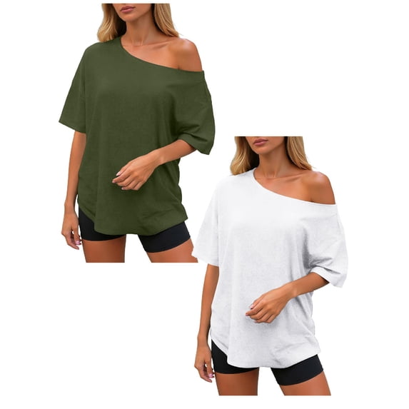 vigerkar 2 Pack Womens Off the Shoulder Tops Oversized Summer Spring T-Shirts 2026 (White 1PCS & AG 1PCS, L)