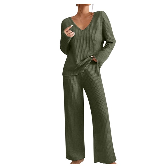 vigerkar 2 Piece Outfits for Women Long Sleeve Vneck Tops and Wide Leg Pants Ribbed Matching Lounge Set (AG, XL)