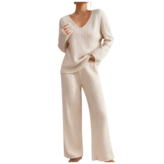 vigerkar 2 Piece Outfits for Women Long Sleeve Vneck Tops and Wide Leg Pants Ribbed Matching Lounge Set (Beige, XL)