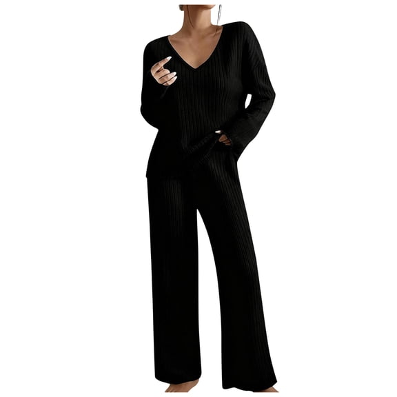 vigerkar 2 Piece Outfits for Women Long Sleeve Vneck Tops and Wide Leg Pants Ribbed Matching Lounge Set (Black, XL)